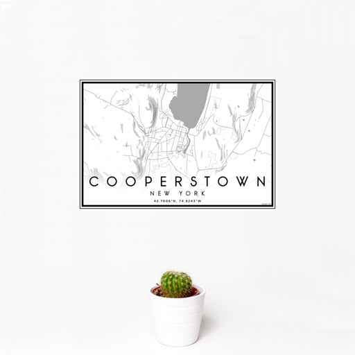 12x18 Cooperstown New York Map Print Landscape Orientation in Classic Style With Small Cactus Plant in White Planter