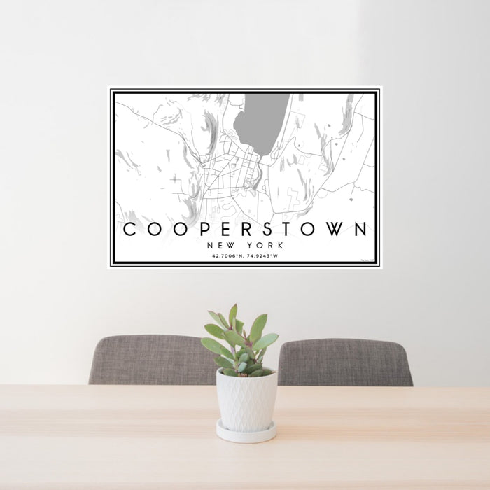 24x36 Cooperstown New York Map Print Landscape Orientation in Classic Style Behind 2 Chairs Table and Potted Plant