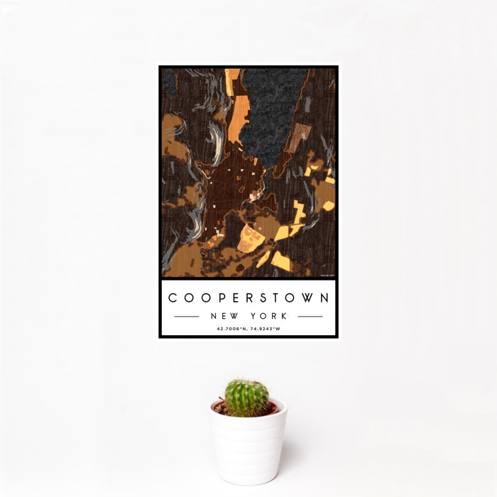 12x18 Cooperstown New York Map Print Portrait Orientation in Ember Style With Small Cactus Plant in White Planter