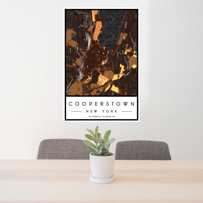 24x36 Cooperstown New York Map Print Portrait Orientation in Ember Style Behind 2 Chairs Table and Potted Plant