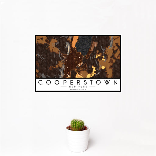 12x18 Cooperstown New York Map Print Landscape Orientation in Ember Style With Small Cactus Plant in White Planter