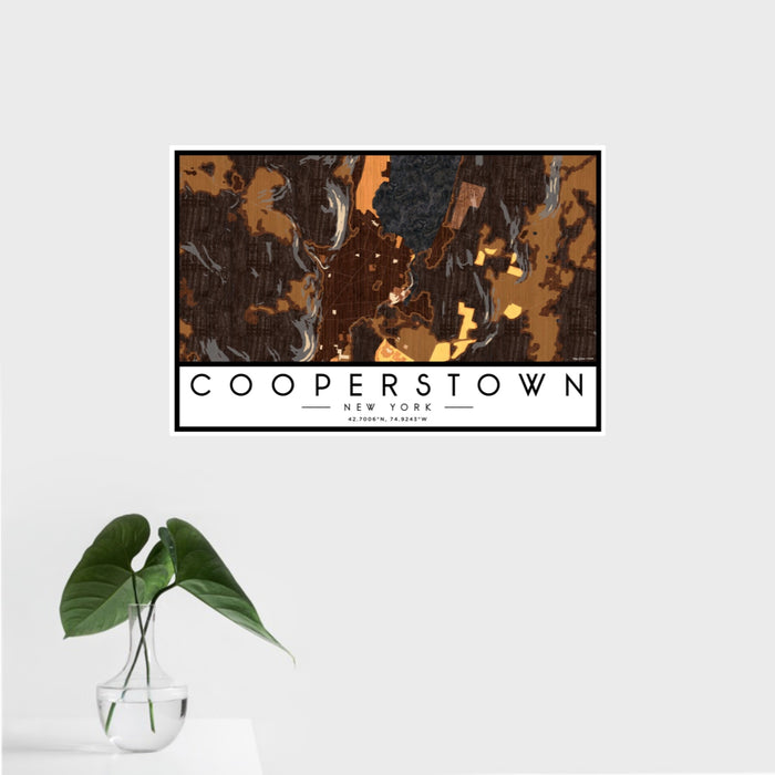 16x24 Cooperstown New York Map Print Landscape Orientation in Ember Style With Tropical Plant Leaves in Water