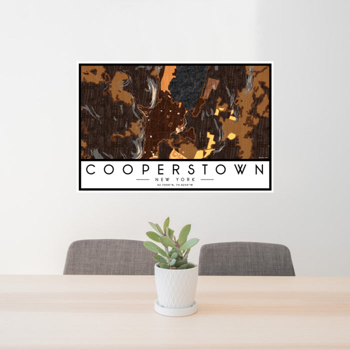 24x36 Cooperstown New York Map Print Landscape Orientation in Ember Style Behind 2 Chairs Table and Potted Plant