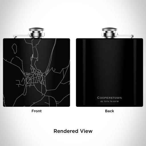 Rendered View of Cooperstown New York Map Engraving on 6oz Stainless Steel Flask in Black