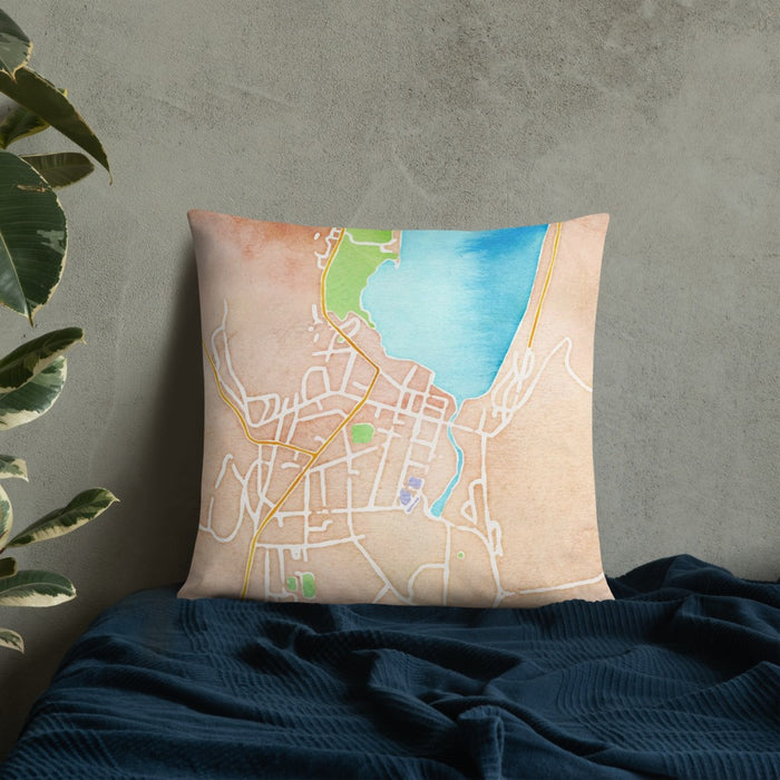 Custom Cooperstown New York Map Throw Pillow in Watercolor on Bedding Against Wall