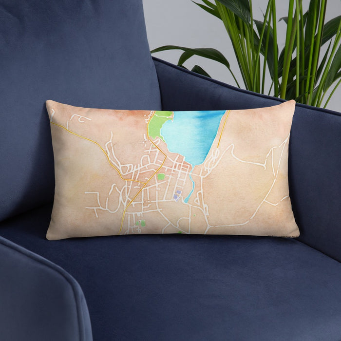 Custom Cooperstown New York Map Throw Pillow in Watercolor on Blue Colored Chair