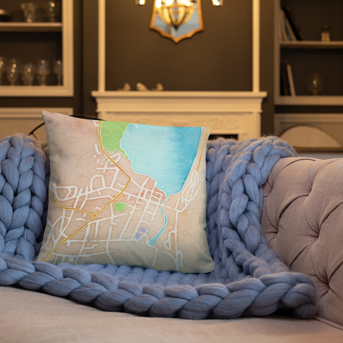 Custom Cooperstown New York Map Throw Pillow in Watercolor on Cream Colored Couch