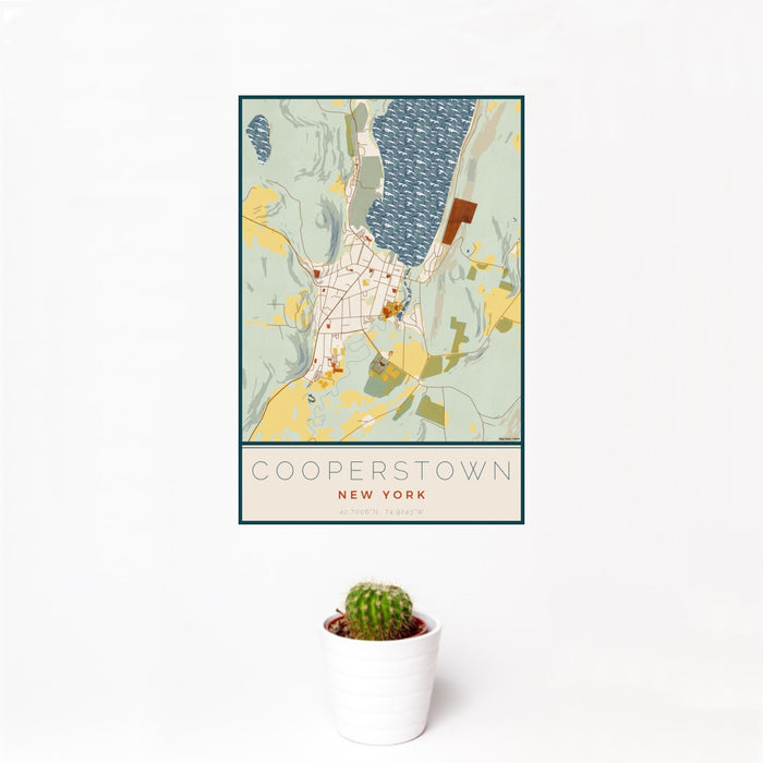 12x18 Cooperstown New York Map Print Portrait Orientation in Woodblock Style With Small Cactus Plant in White Planter