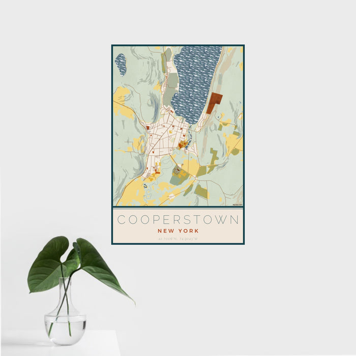 16x24 Cooperstown New York Map Print Portrait Orientation in Woodblock Style With Tropical Plant Leaves in Water