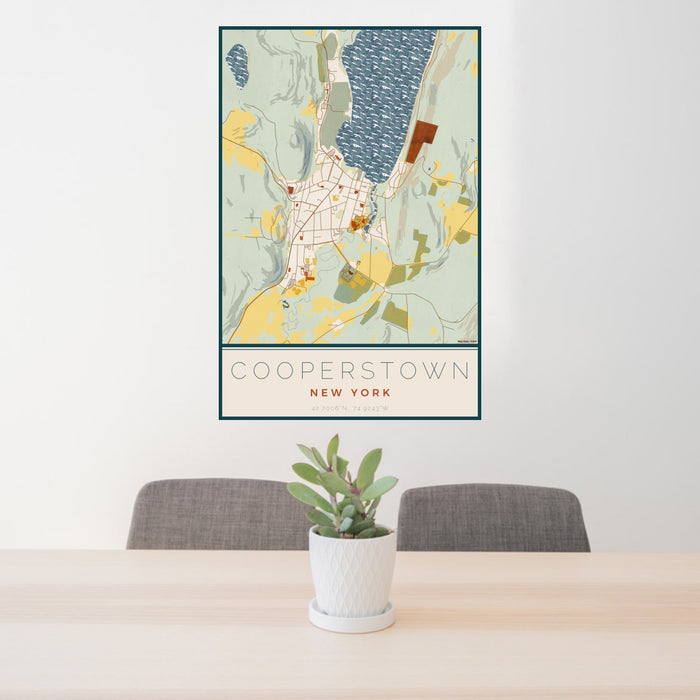 24x36 Cooperstown New York Map Print Portrait Orientation in Woodblock Style Behind 2 Chairs Table and Potted Plant