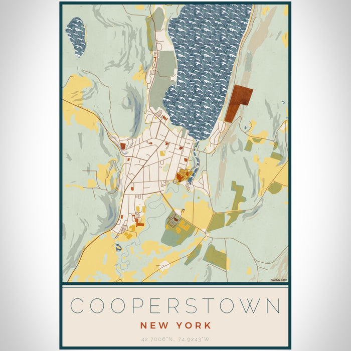 Cooperstown New York Map Print Portrait Orientation in Woodblock Style With Shaded Background