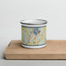 Front View Custom Cooperstown New York Map Enamel Mug in Woodblock on Cutting Board