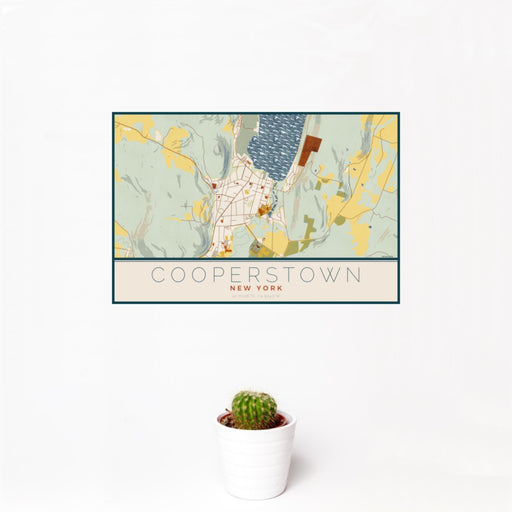 12x18 Cooperstown New York Map Print Landscape Orientation in Woodblock Style With Small Cactus Plant in White Planter