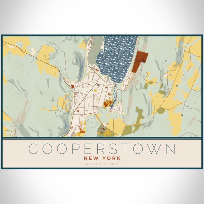 Cooperstown New York Map Print Landscape Orientation in Woodblock Style With Shaded Background