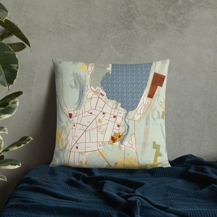Custom Cooperstown New York Map Throw Pillow in Woodblock on Bedding Against Wall