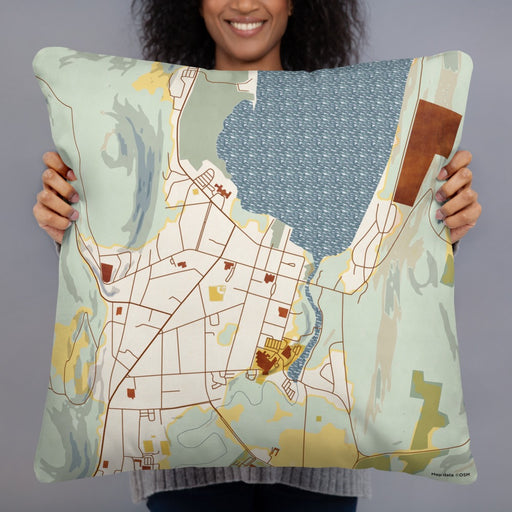 Person holding 22x22 Custom Cooperstown New York Map Throw Pillow in Woodblock