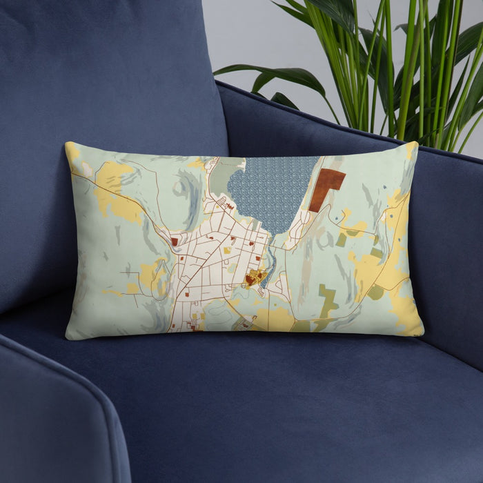 Custom Cooperstown New York Map Throw Pillow in Woodblock on Blue Colored Chair