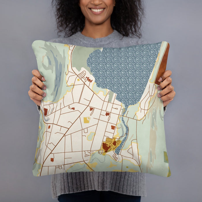 Person holding 18x18 Custom Cooperstown New York Map Throw Pillow in Woodblock