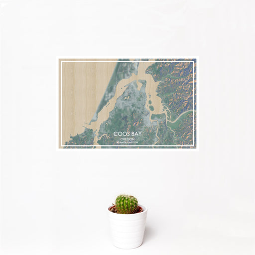 12x18 Coos Bay Oregon Map Print Landscape Orientation in Afternoon Style With Small Cactus Plant in White Planter