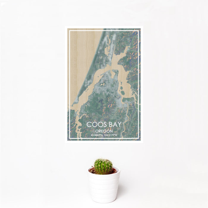 12x18 Coos Bay Oregon Map Print Portrait Orientation in Afternoon Style With Small Cactus Plant in White Planter
