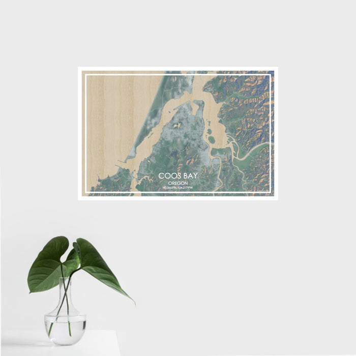16x24 Coos Bay Oregon Map Print Landscape Orientation in Afternoon Style With Tropical Plant Leaves in Water
