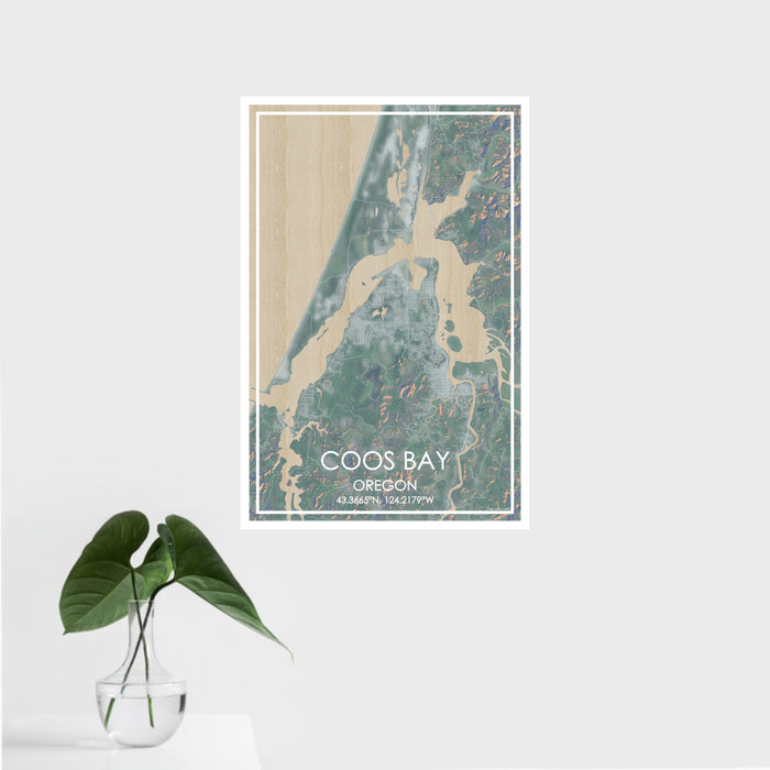 16x24 Coos Bay Oregon Map Print Portrait Orientation in Afternoon Style With Tropical Plant Leaves in Water