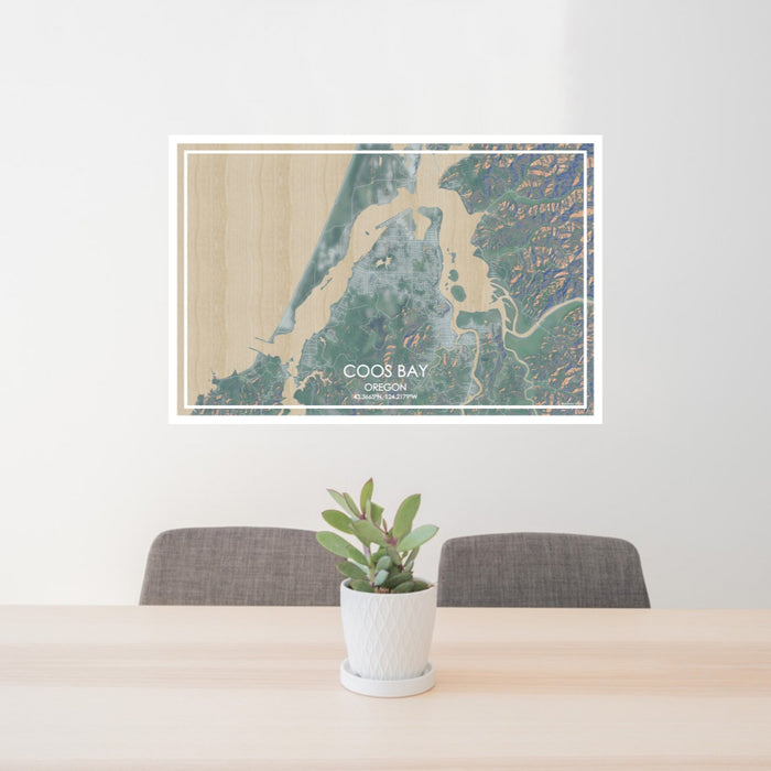 24x36 Coos Bay Oregon Map Print Lanscape Orientation in Afternoon Style Behind 2 Chairs Table and Potted Plant