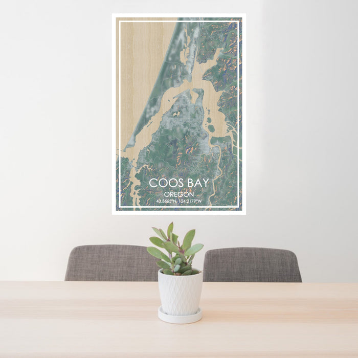 24x36 Coos Bay Oregon Map Print Portrait Orientation in Afternoon Style Behind 2 Chairs Table and Potted Plant