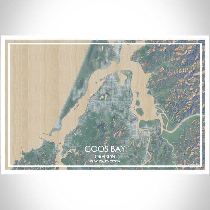 Coos Bay Oregon Map Print Landscape Orientation in Afternoon Style With Shaded Background