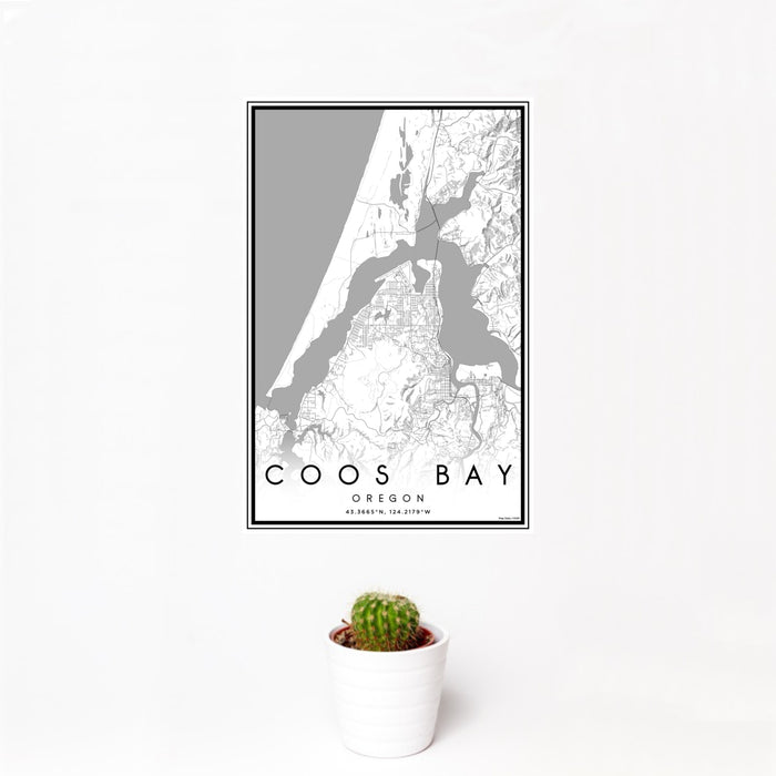 12x18 Coos Bay Oregon Map Print Portrait Orientation in Classic Style With Small Cactus Plant in White Planter