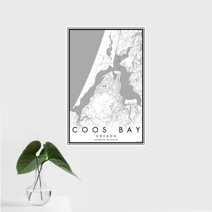 16x24 Coos Bay Oregon Map Print Portrait Orientation in Classic Style With Tropical Plant Leaves in Water