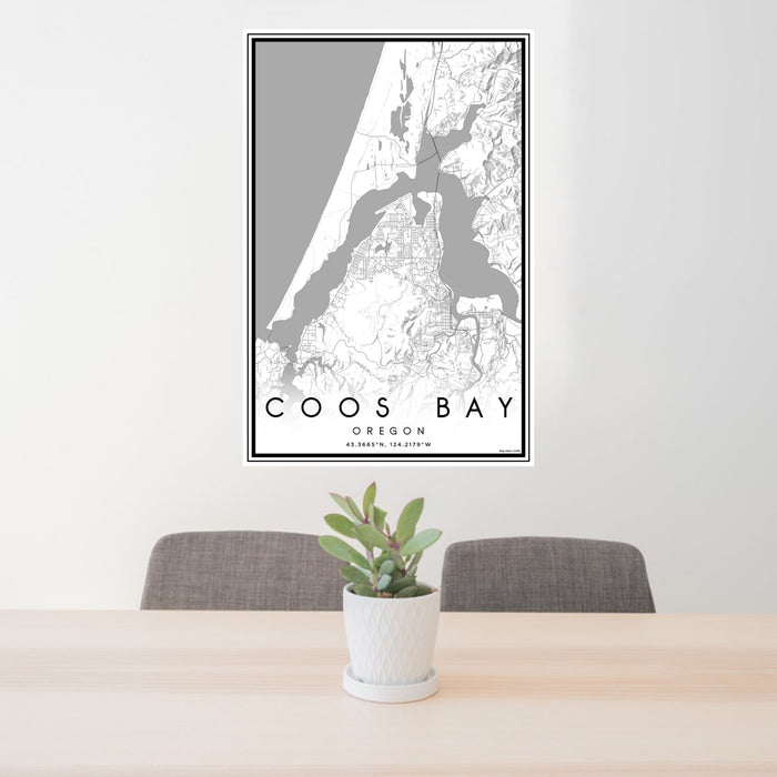 24x36 Coos Bay Oregon Map Print Portrait Orientation in Classic Style Behind 2 Chairs Table and Potted Plant