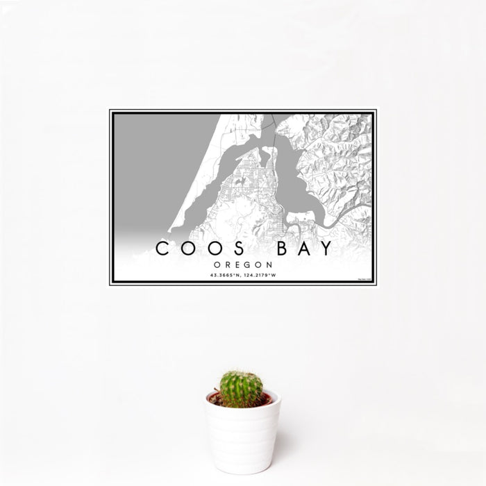 12x18 Coos Bay Oregon Map Print Landscape Orientation in Classic Style With Small Cactus Plant in White Planter