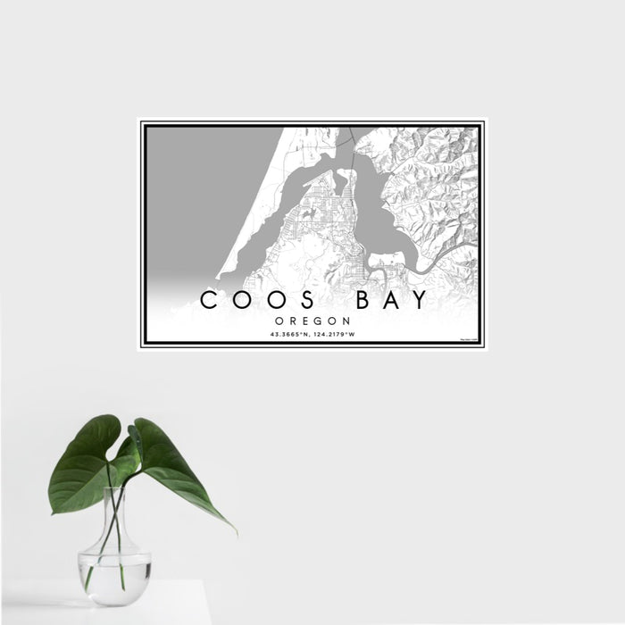 16x24 Coos Bay Oregon Map Print Landscape Orientation in Classic Style With Tropical Plant Leaves in Water