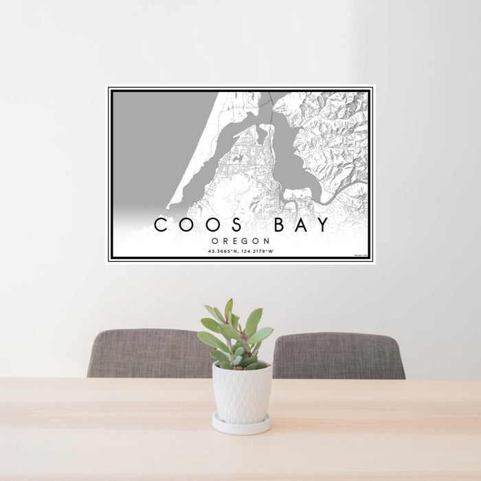 24x36 Coos Bay Oregon Map Print Landscape Orientation in Classic Style Behind 2 Chairs Table and Potted Plant