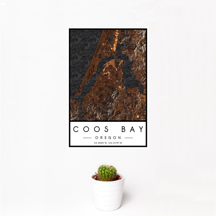 12x18 Coos Bay Oregon Map Print Portrait Orientation in Ember Style With Small Cactus Plant in White Planter