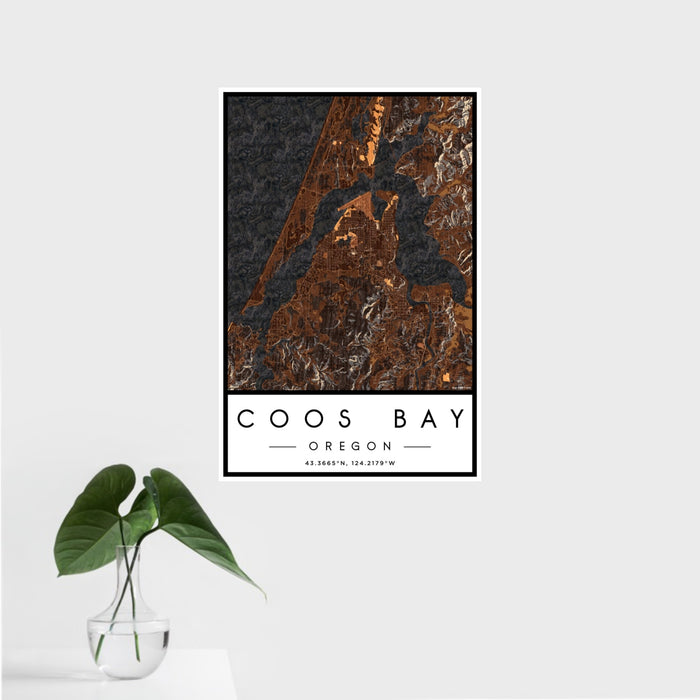 16x24 Coos Bay Oregon Map Print Portrait Orientation in Ember Style With Tropical Plant Leaves in Water