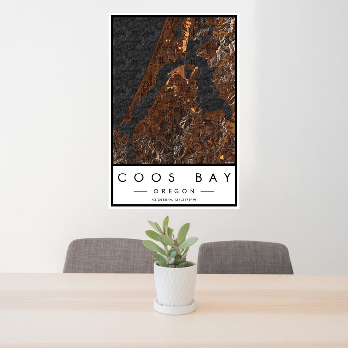 24x36 Coos Bay Oregon Map Print Portrait Orientation in Ember Style Behind 2 Chairs Table and Potted Plant