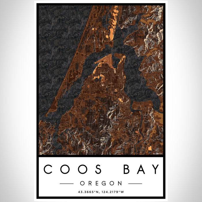 Coos Bay Oregon Map Print Portrait Orientation in Ember Style With Shaded Background
