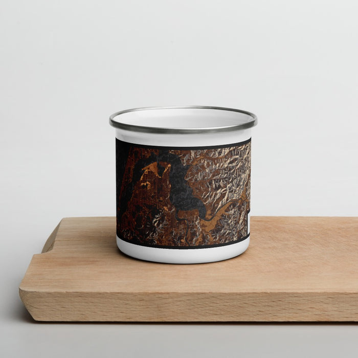 Front View Custom Coos Bay Oregon Map Enamel Mug in Ember on Cutting Board