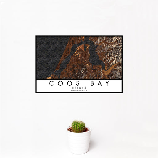 12x18 Coos Bay Oregon Map Print Landscape Orientation in Ember Style With Small Cactus Plant in White Planter