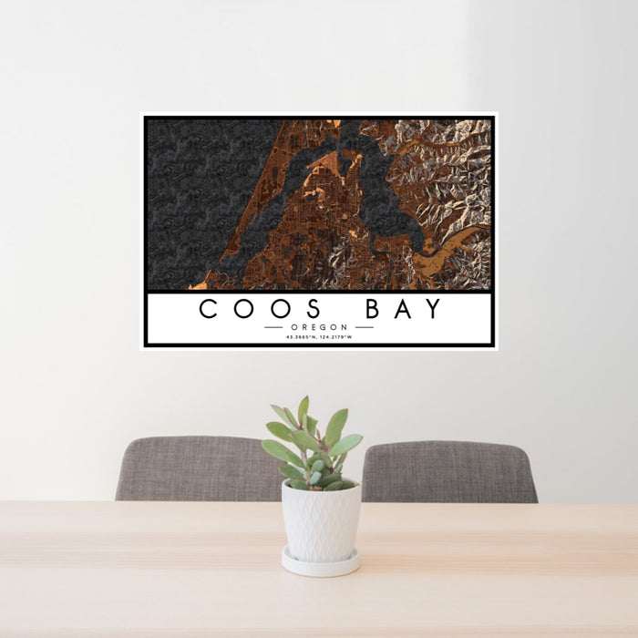 24x36 Coos Bay Oregon Map Print Landscape Orientation in Ember Style Behind 2 Chairs Table and Potted Plant