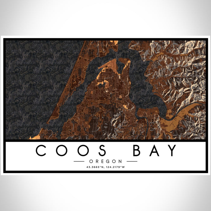 Coos Bay Oregon Map Print Landscape Orientation in Ember Style With Shaded Background