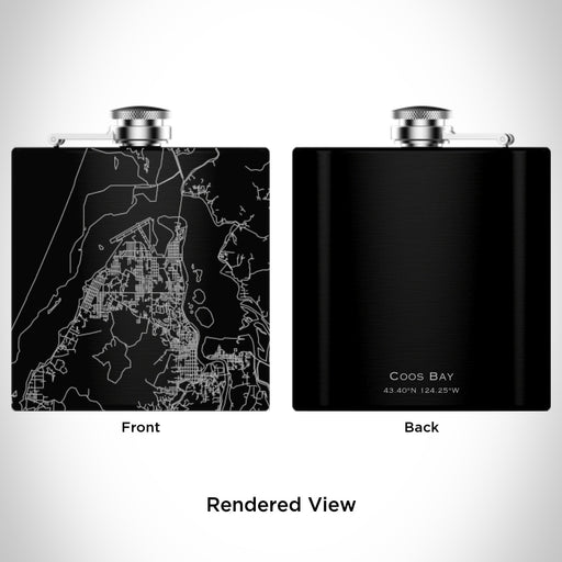 Rendered View of Coos Bay Oregon Map Engraving on 6oz Stainless Steel Flask in Black