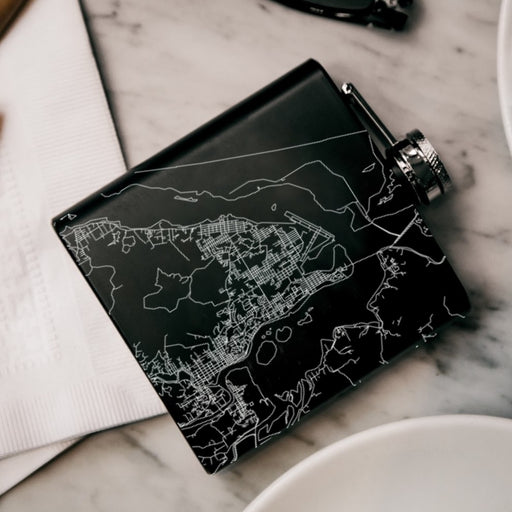 Coos Bay Oregon Custom Engraved City Map Inscription Coordinates on 6oz Stainless Steel Flask in Black