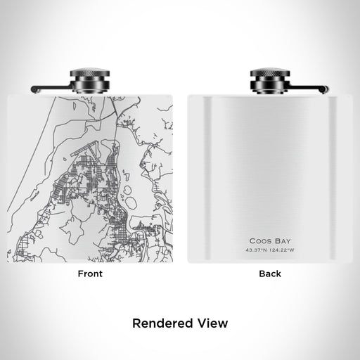 Rendered View of Coos Bay Oregon Map Engraving on 6oz Stainless Steel Flask in White