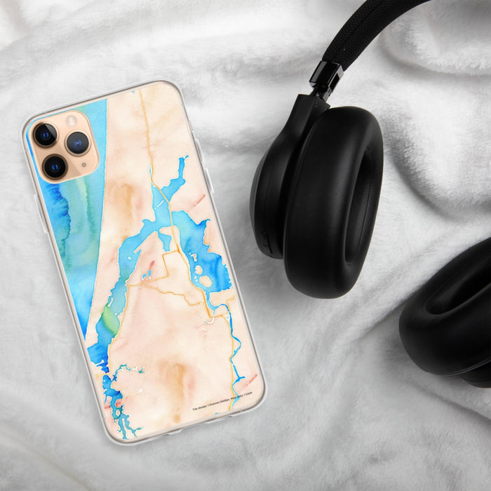 Custom Coos Bay Oregon Map Phone Case in Watercolor on Table with Black Headphones