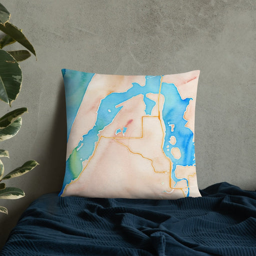 Custom Coos Bay Oregon Map Throw Pillow in Watercolor on Bedding Against Wall