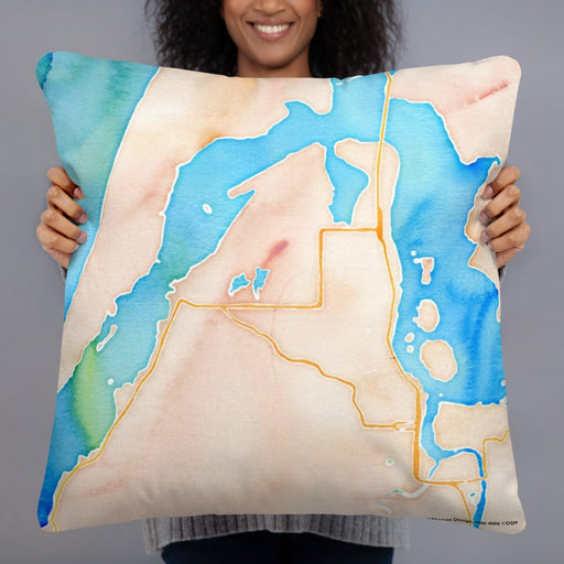 Person holding 22x22 Custom Coos Bay Oregon Map Throw Pillow in Watercolor