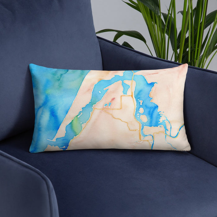 Custom Coos Bay Oregon Map Throw Pillow in Watercolor on Blue Colored Chair